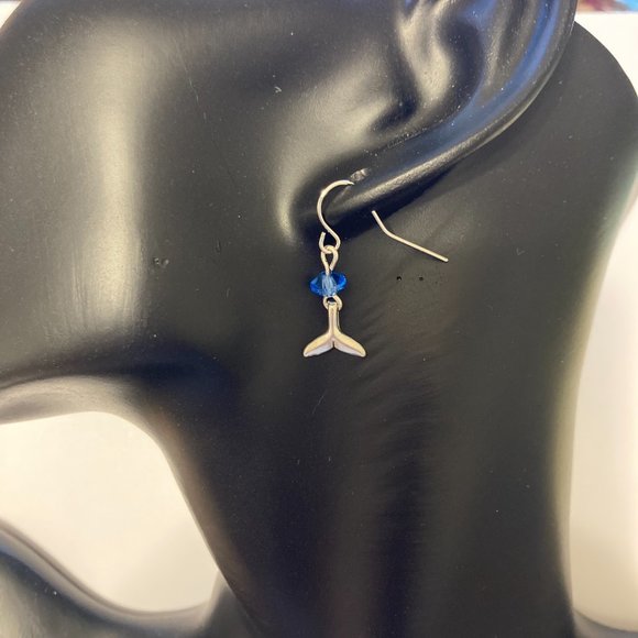 Silver Mermaid Whale Tail Earrings Blue Bead Plated Dangle Dainty Nautical - Picture 3 of 12